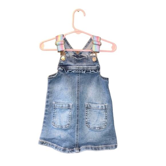 Denim Dress Toddler Girl Size 18 months Rainbow Buckle Straps Front Pockets - Picture 1 of 2